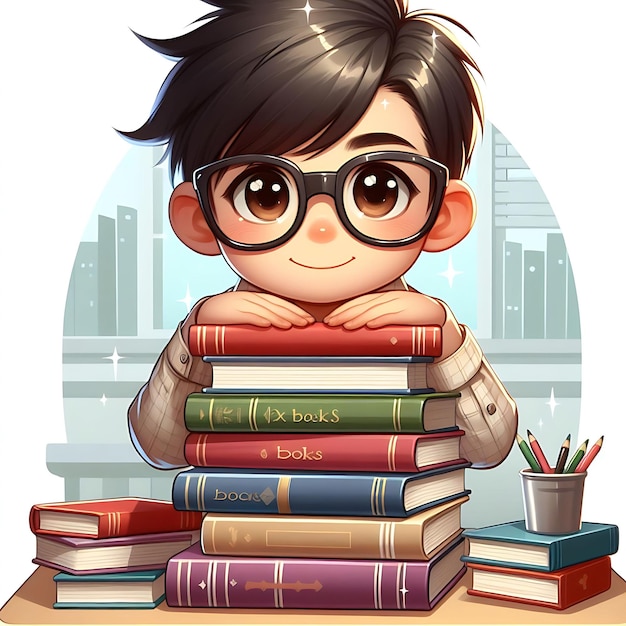 Boy with glasses holding a stack of books world book day