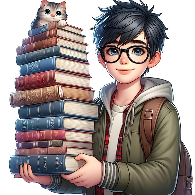 Boy with glasses holding a stack of books world book day