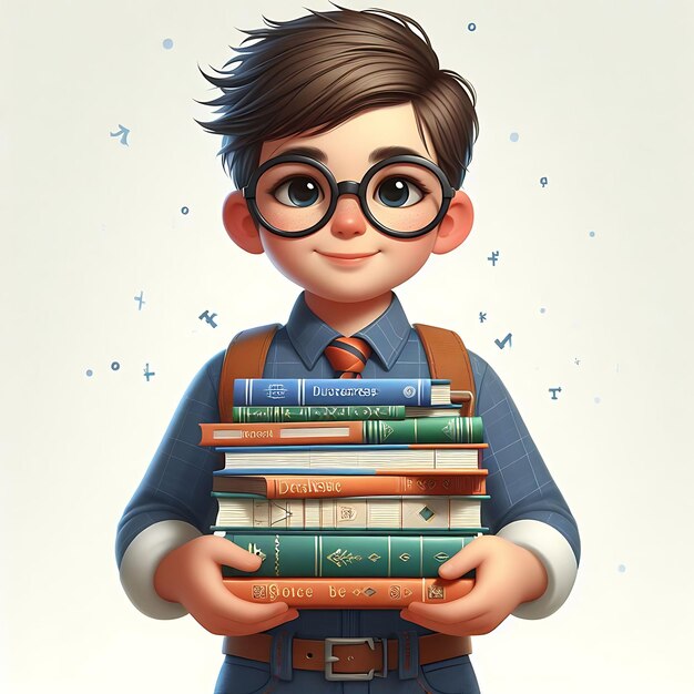 Boy with glasses holding a stack of books world book day