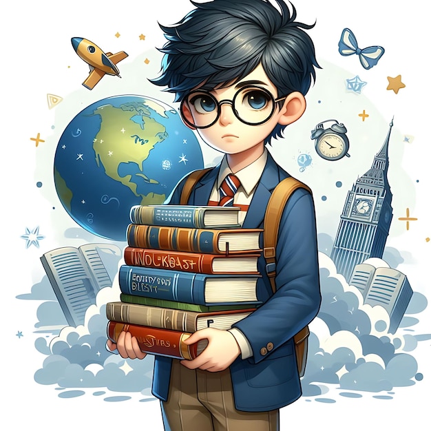 Photo boy with glasses holding a stack of books world book day