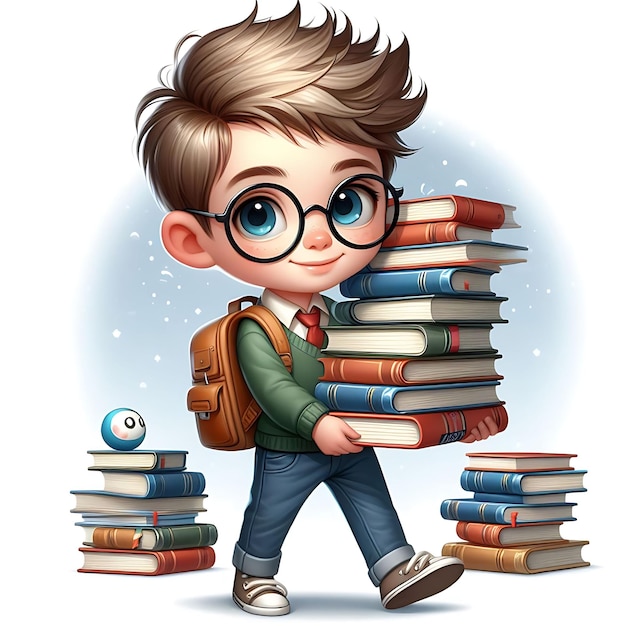 Boy with glasses holding a stack of books world book day