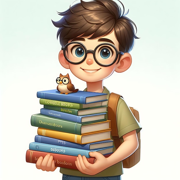 眼鏡をかぶった男の子が本の積み重ねを握っている世界本の日