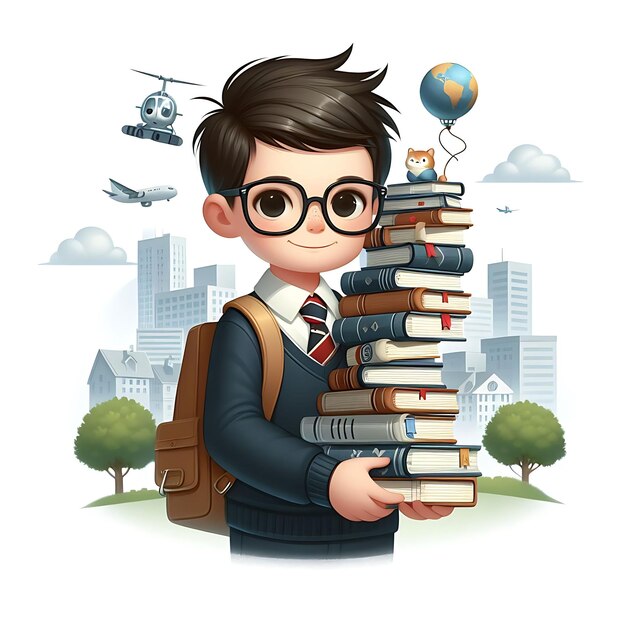 Photo boy with glasses holding a stack of books world book day