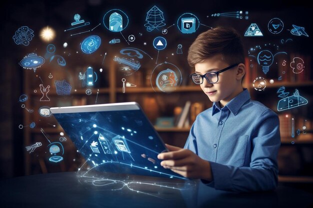 Photo a boy with glasses is looking at a tablet with a graphic of a man using a laptop