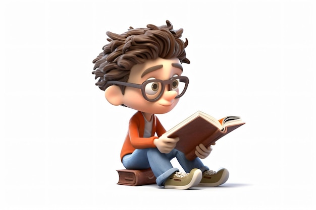 A boy with glasses sits on a book