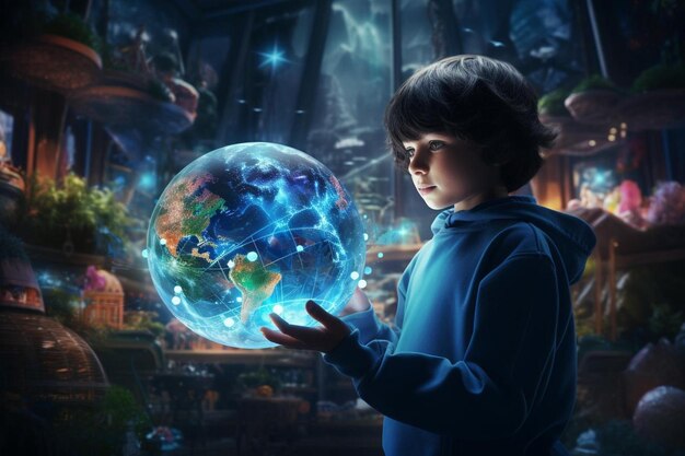 Photo a boy with a globe in his hands