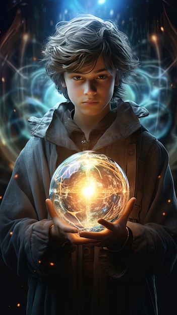 a boy with a globe that says the universe.