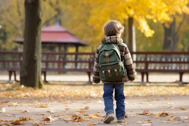 Boy with green backpack walking