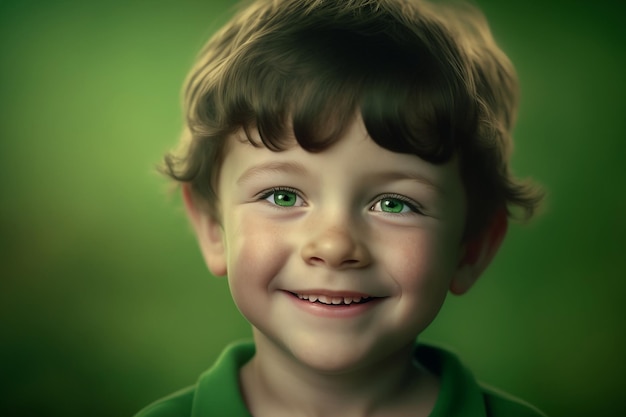 A boy with green eyes smiles at the camera.