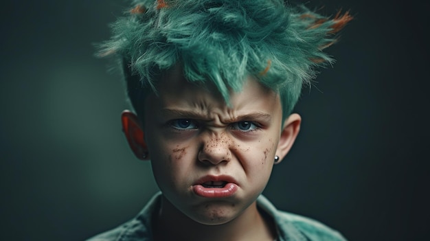 A boy with green hair is making a face.