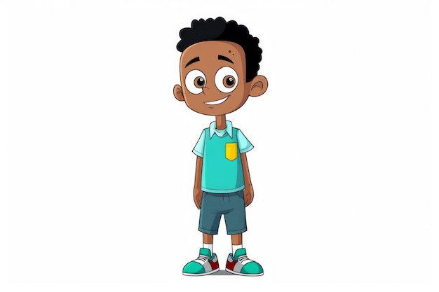 A boy with a green shirt and shorts stands in front of a white background.