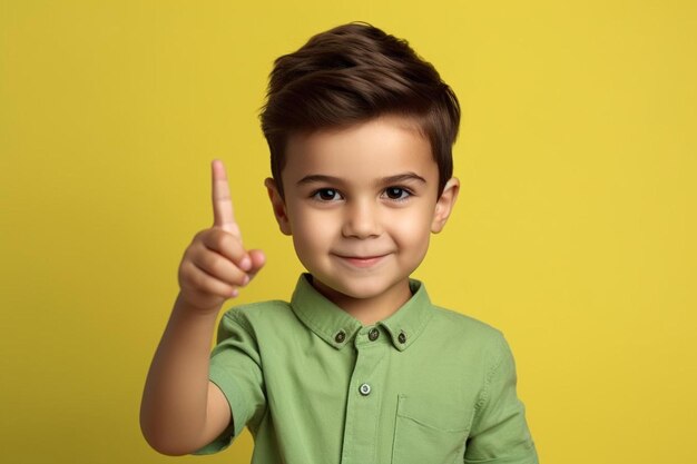 a boy with a green shirt that says  he is pointing a finger