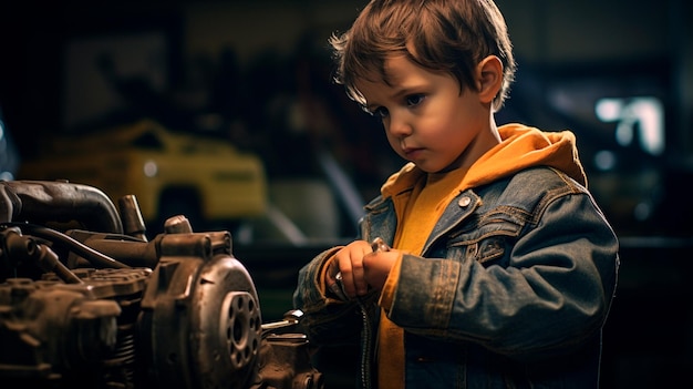 Photo boy with a hammer in the workshop