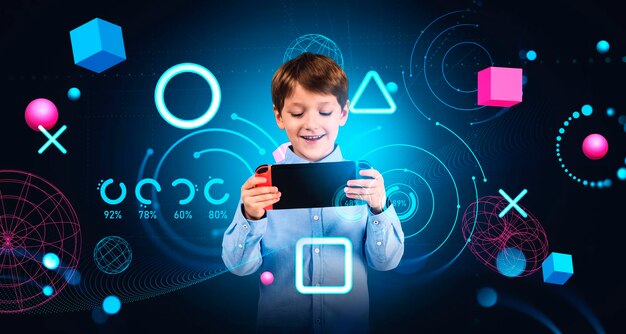 Boy with handheld console in metaverse