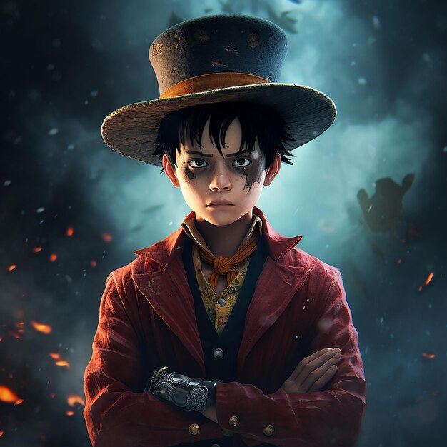 Photo a boy with a hat and a red jacket with a black hair and a red jacket with a black eye and a white glove on his right hand.