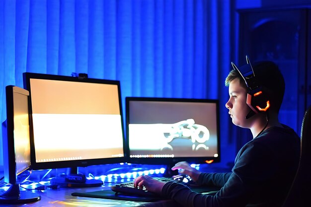 Foto un ragazzo con le cuffie accese e un monitor di computer con una luce blu dietro di lui.