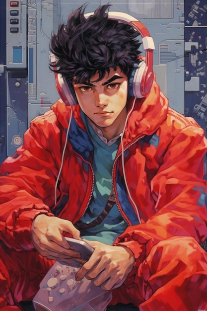 A boy with headphones in his hands sits on a bench in front of a cityscape.