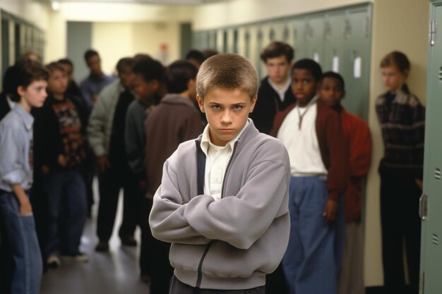 Photo a boy with his arms crossed in front of a row of lockers