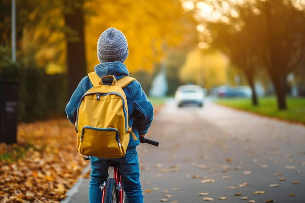 A boy with his back turned rides his bicycle to school on a winter day