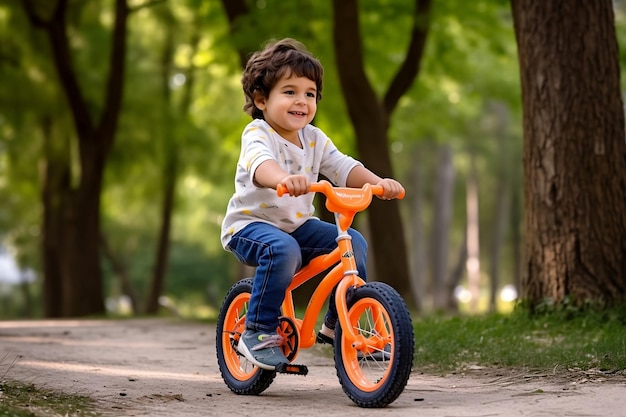 Мальчик со своим велосипедом в парке