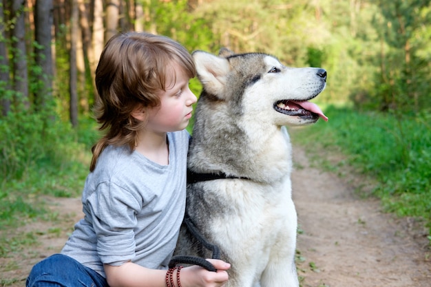 Мальчик с собакой маламут на прогулке в лесу