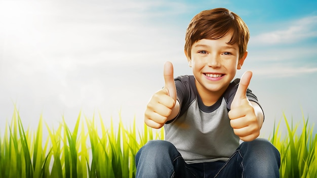 Photo a boy with his thumbs up in the grass