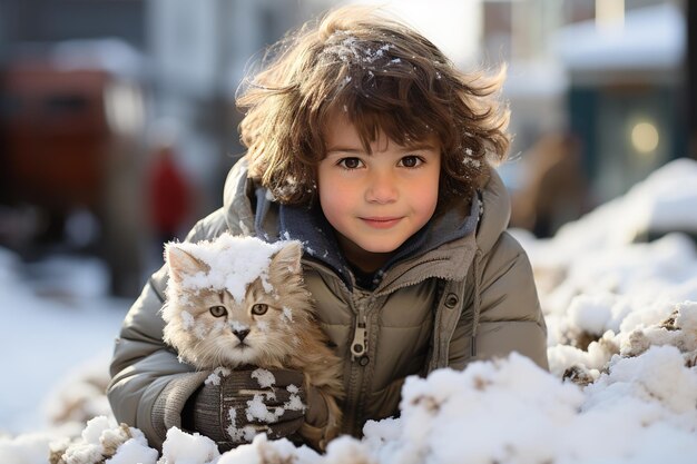 A boy with a kitten on the street in winter