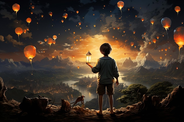 Мальчик с фонарем ночью идет к иллюзорному фантастическому необычному миру, иллюстрация поколения искусственного интеллекта