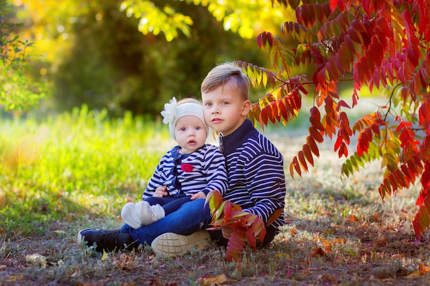 The boy with the little sister sit under a tree in the park