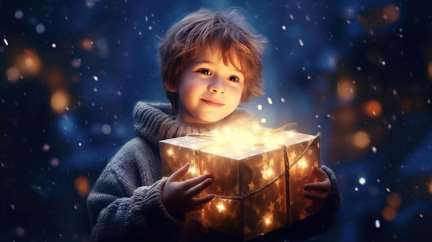Мальчик с волшебной рождественской коробкой Иллюстрация AI GenerativexA
