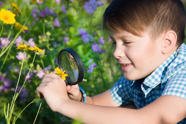 Boy with magnifying glass in summer garden