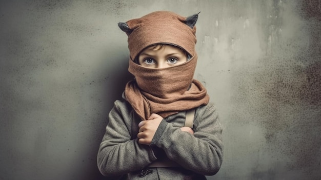 A boy with a mask on and a cat on his head