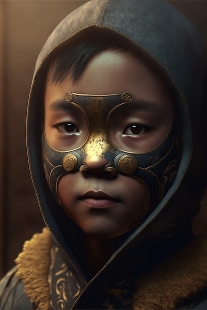 A boy with a mask that says'dragon'on it