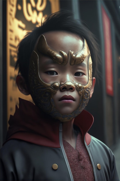 A boy with a mask that says'dragon'on it