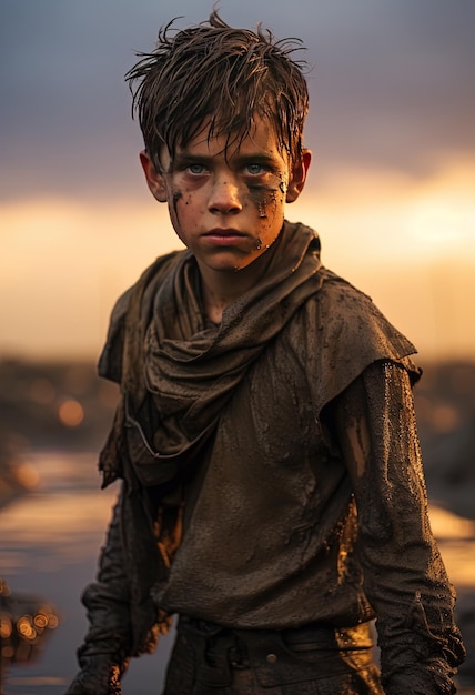 a boy with mud on his face and a brown background