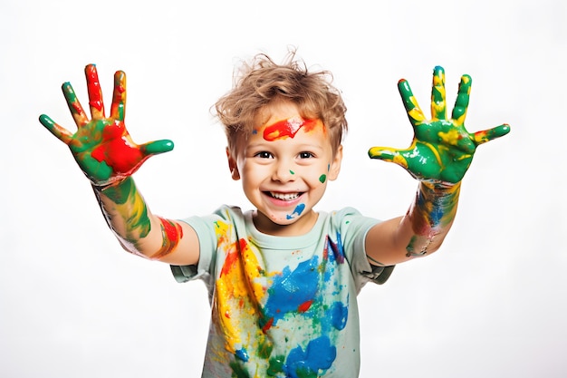 a boy with paint on his hands