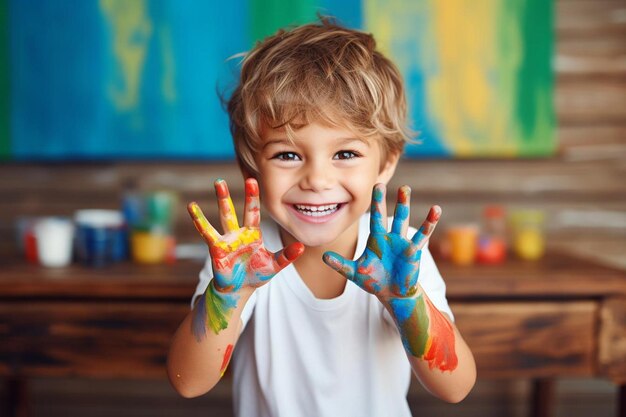 a boy with painted hands that say  paint  on his hands