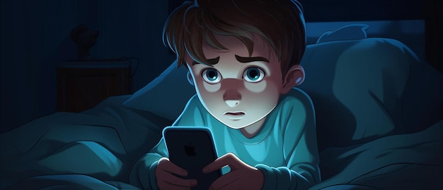 мальчик с телефоном в руках смотрит на экран, на котором написано " грустно "