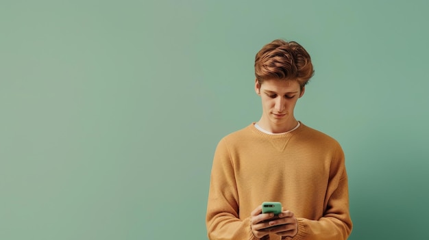 Photo boy with phone minimalistic teal background