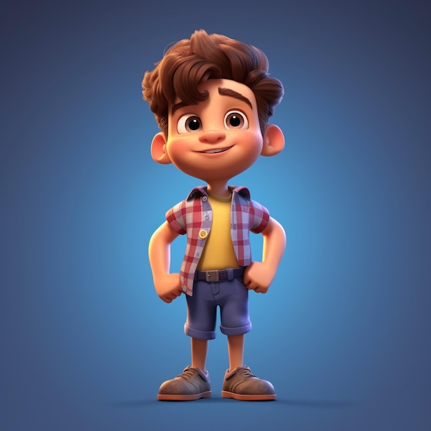 A boy with a plaid shirt and blue shorts stands with his hands on his hips.