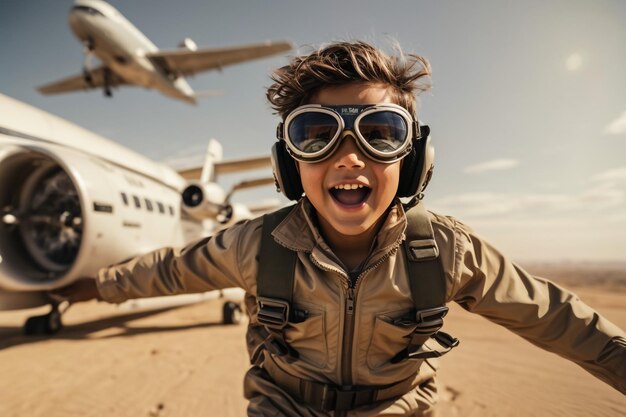 Photo boy with a plane at sunset