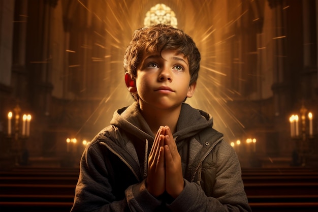 Boy with praying hands in church generative Ai