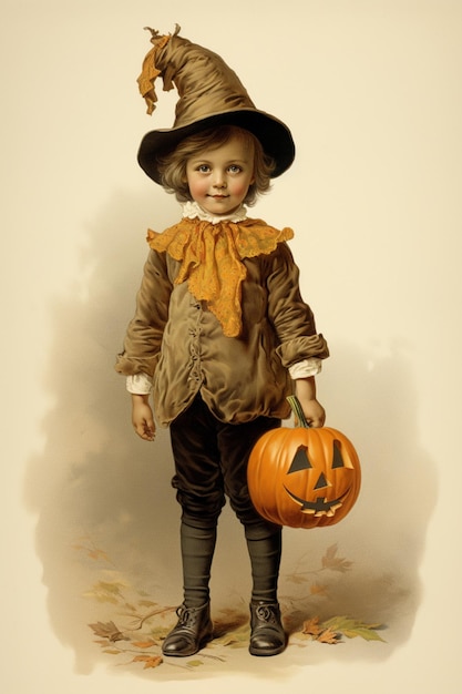 Boy with pumpkin in hand dressed in halloween costumes during trickortreat halloween card high