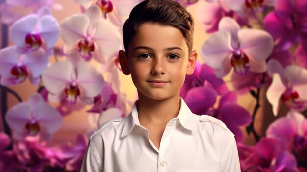 A boy with a purple flowers background