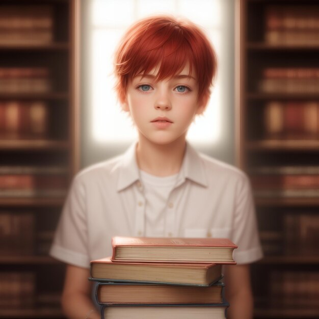 A boy with red hair holding a stack of books