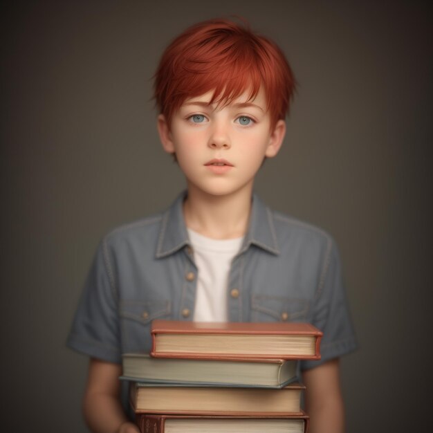a boy with red hair holds a stack of books.