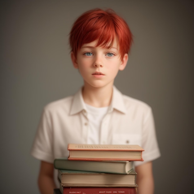 a boy with red hair holds a stack of books.