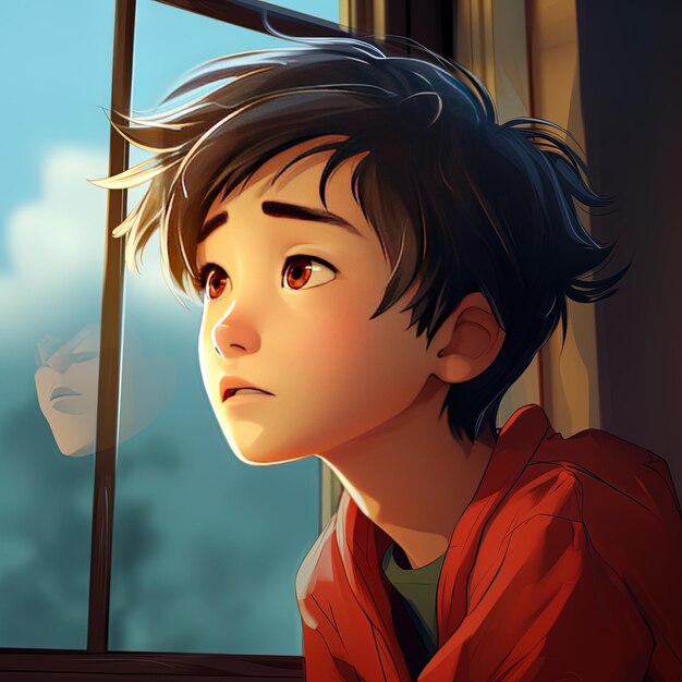 a boy with a red jacket and a blue sky with a cloud in the background