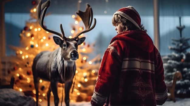 写真 サンタの帽子をかぶった少年が ⁇ 鹿を抱きしめて クリスマスに友情と愛の概念を語る