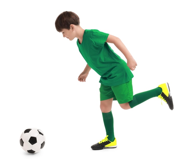boy with soccer ball playing football on white background